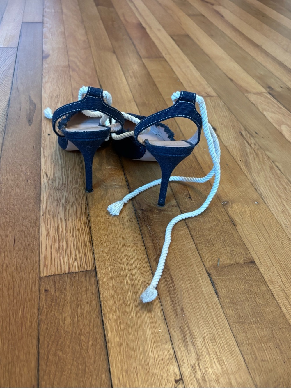 J. Crew Navy Pointed Slingback Heels with White Rope Ties - Picture 4 of 6